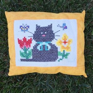 Vintage cross-stitch cat flowers butterflies small homemade throw pillow